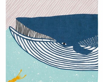May include: A blue and white whale with a black eye and a small yellow squid swimming below. The whale is on a light blue background with white dots and a pink and white striped background above.