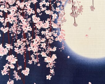 Japanese Cherry Blossom & Full Moon Furoshiki Cloth - Navy Blue Sakura Fabric Gift Wrap - 19.5" x 19.5" Decorative Table Runner