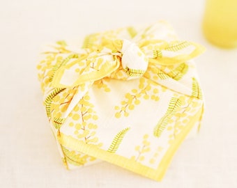 Cute Japanese Furoshiki Wrapping Cloth/Yellow Mimosa Eco-friendly Gift wrap/Floral Lunch Wrap/Floral Table Runner/Furoshiki Bag Making/Gift