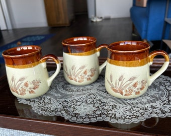 Vintage 1970s Wheat Harvest Pattern Beige & Brown Stoneware Tea Coffee Mugs Ceramic MidCentury Modern Boho Chic Party