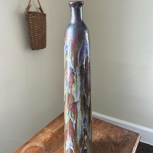 Vintage Studio Pottery Drip Glaze Vase With Artist Signature 19” Tall | Blue Green Brown Rust