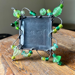Wire & Stained Glass Beaded 3” Picture Frame With Beveled Glass Front
