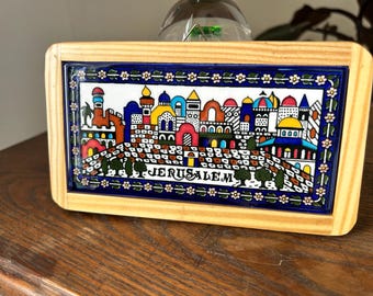 Vintage Jerusalem Handmade Wooden Framed Wall Hanging Tile