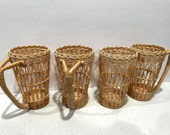 Set of 5 Vintage Hand Woven Rattan Cup Holders