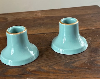 Vintage MCM Turquoise & Gold Porcelain Taper Candle Holder Set of 2 Made in Japan