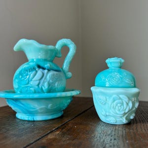Vintage 1986 Turquoise Blue Swirl Glass Avon Cruet Bottle, Bowl, & Jar