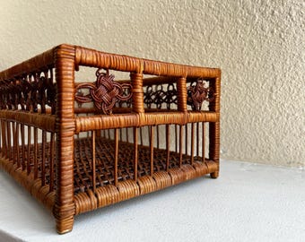 Vintage MCM Intricate HandWoven Rattan Bamboo Wicker Rectangular Storage Basket | 12 by 8 Inch