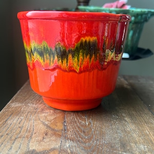 Vintage Midcentury California Originals Pottery Orange Drip Glaze Planter Cache Pot 10 cm
