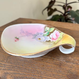 Vintage Porcelain Nippon Hand Painted Pink & Yellow Ombre Floral Spoon Rest With Gold Rim