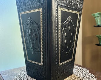 Vintage Italian Embossed Faux Leather Waste Basket Black & Gold