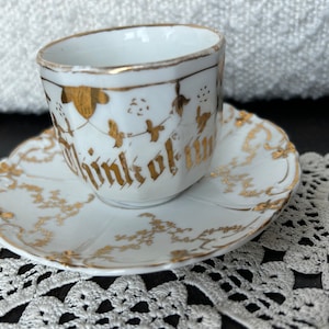 Antique West German Porcelain China Golden Think of Me Espresso Cup & Saucer