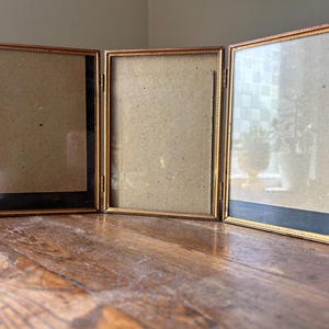 Vintage Gold Metal Tri Fold 4.5” by 6.5” Picture Frame for Three Pictures