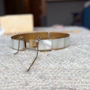 Vintage Brass and Mother of Pearl Inlay Hinged Bangle Bracelet