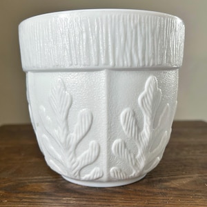 May include: A white ceramic planter with a textured, bark-like band at the top and embossed leaf designs. The planter has a geometric shape and is suitable for indoor or outdoor use. The planter is sitting on a wooden surface.