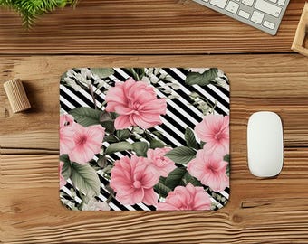 Pink Floral Mouse Pad Gift Mat Square Non-Slip Rubber Base Flowers & Stripes Glam Rectangle Gaming Office Desk Laptop Mousepad Pink Green