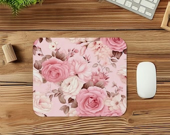Pink Floral Mouse Pad Gift Mat Square Non-Slip Rubber Base Muted Shabby Chic Pink Roses Glam Rectangle Gaming Office Desk Laptop Mousepad