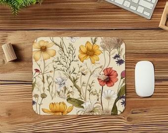 Wildflower Botanical Mouse Pad Gift Mat Square Non-Slip Rubber Base Leaves Cottage Rectangle Gaming Office Desk Laptop Mousepad