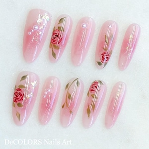 Pink Rose press-on nails |Handmade press-on nails |Premium nails |Acrylic nails |Almond press-on nails |Party gift nails| Wedding nails