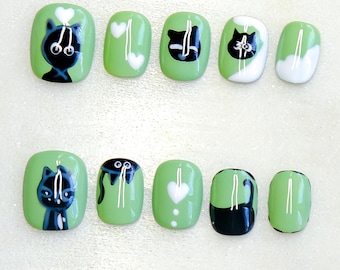 Uñas postizas de gato verde / Diseño de uñas de gato negro / Uñas de gatito de dibujos animados hechas a mano / Uñas cortas cuadradas