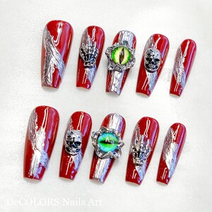 Hand Painted Cateye Press on Nail |Pink French tip nail | Long Coffin Nail | Helloween Party Nail | y2k Nail | Fake Nail | Reusable nail