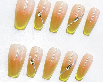 Green Cat Eye Press On Nails: Long Coffin Handmade Party Nails