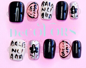 Graffiti Art Press On Nails | Black & Pink Abstract Lettering with Heart, Flower Design | DeCOLORS Trendy Handmade Nails