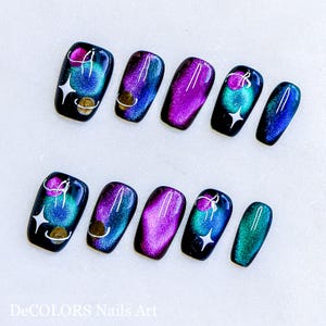 Galaxy Magnetic Cat Eye Press On Nails: Purple Blue Gradient, Handmade