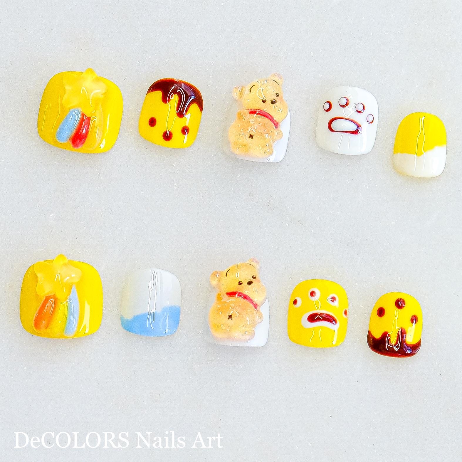 Handmade Kids Press On Nails: Yellow Cartoon Design, Reusable Nail Art
