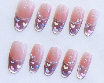 Pastel Heart Press On Nails | Handmade French Tip Nail Art