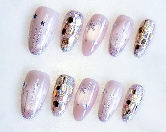Glitter Ombre Press On Nails: Sternkonfetti, 3D-Blumen, Perlen und Strasssteine