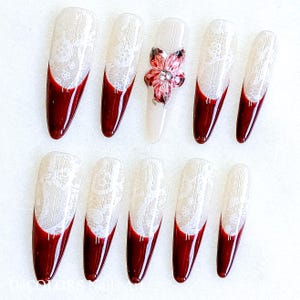 Elegant Long Almond Red French Tip Press On Nails | Lace Design Fake Nails with 3D Flower |Reusable Acrylic Nails for Wedding, Bridal, Party