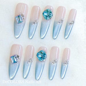 3D Blue Jewelry Cat-eye press-on nails | Handmade nails | Premium nails | Beautiful nails | Long Almond-shaped | Party gift nails