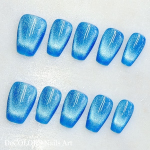 Blue Cat Eye Press On Nails | Shimmer Gradient Magnetic Fake Nails | Reusable Handmade Glossy Nail Set for Party, Gift or Daily Wear