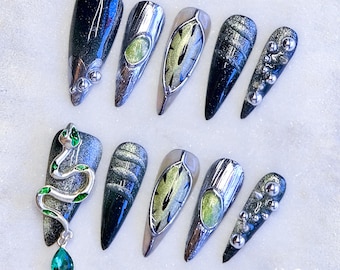 DeCOLORS Snake Chrome Press On Nails | Green Metallic 3D Nails with Emerald Gem & Silver Chrome | Gothic Cyberpunk Nail Set | Halloween Nail