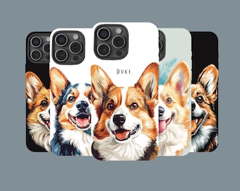 Funda resistente para teléfono con diseño de perro Corgi y nombre personalizado.