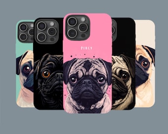 Funda resistente para teléfono con diseño de perro pug y nombre personalizado de la mascota.