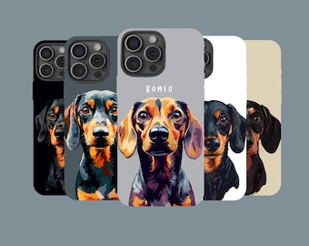 Funda resistente para teléfono con diseño de perro salchicha y nombre personalizado del perro.