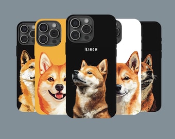 Funda resistente para teléfono con diseño de Shiba Inu y nombre de perro personalizado.