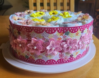 Handmade 1-Tier Diaper Cake | Pink Baby Shower Centerpiece, Unique Newborn Gift