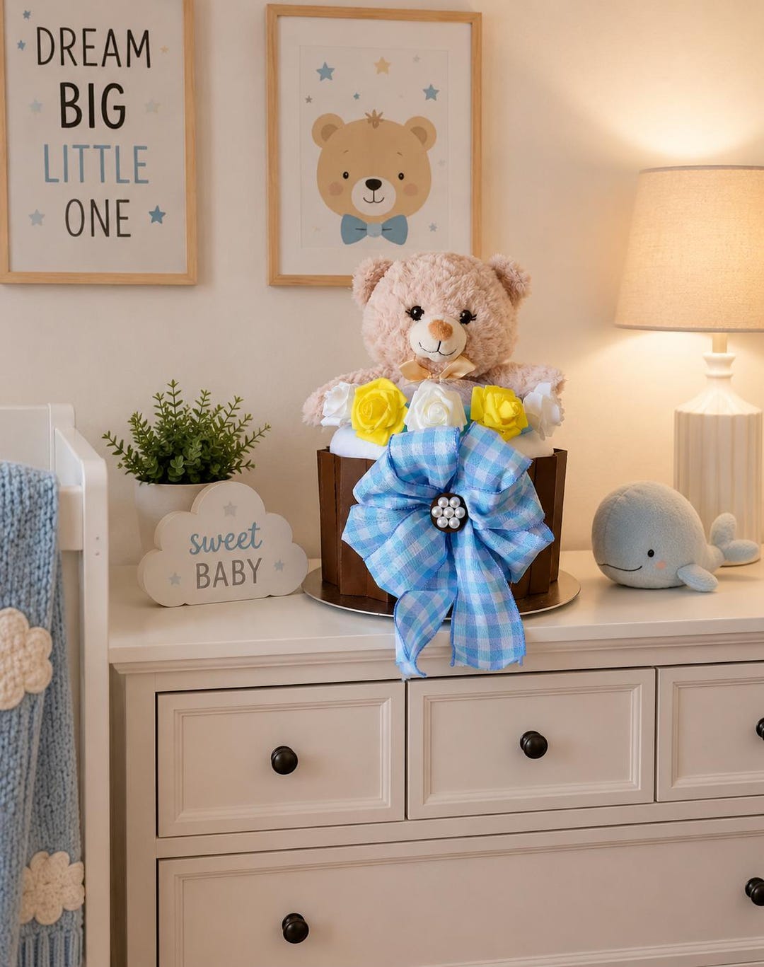 Teddy Bear Baby Gift Basket | Blue Plaid Bow, Roses, Diaper Cake ...