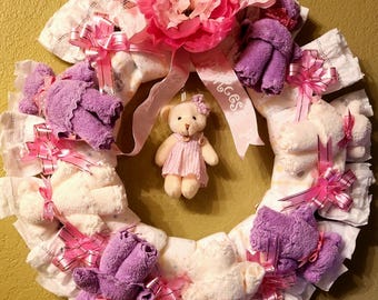 Handmade Teddy Bear Diaper Wreath | Baby Shower Gift for Girl | Nursery Wall Décor | Unique Baby Shower Centerpiece | Purple/White Baby Gift