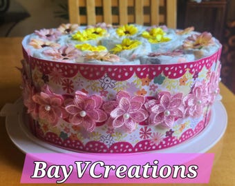 Handmade Diaper Cake for Girls | Baby Shower Centerpiece | New Parent Gift | Baby Shower Gift