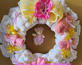 Unique Diaper Wreath for Girls | Handmade Baby Shower Gift | Baby Shower Decoration | Gift for New Parents | Diaper Cake