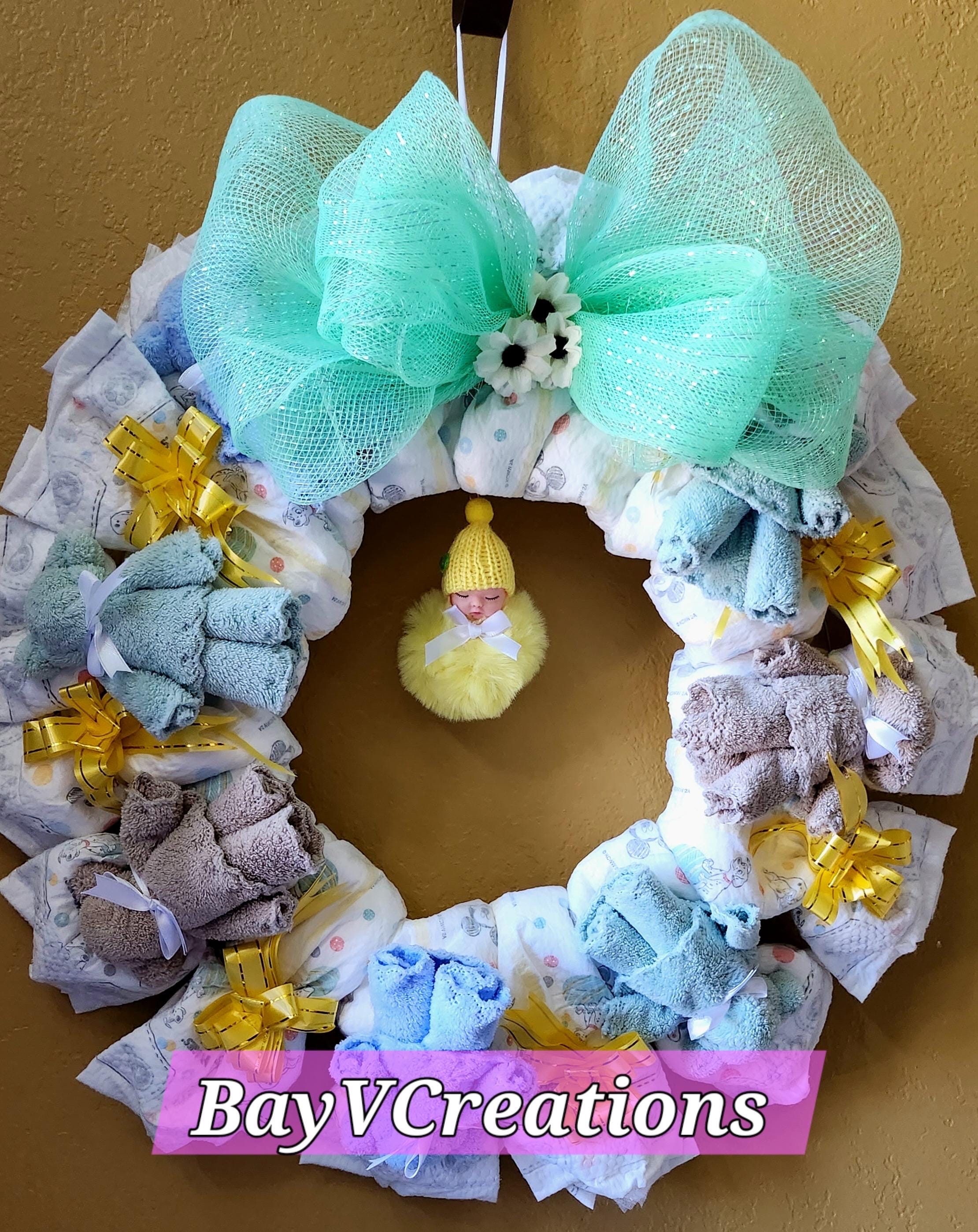 Unique Diaper Wreath for Girls or Boys Handmade Baby Shower Gift Baby Shower Decor Gift for New Parents New Mom Gender Reveal Diaper Cake