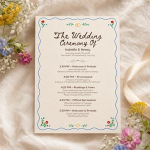 Wedding Program Template, Wedding Ceremony Program, Editable Canva Template, A5 Printable Order of Service, Whimsical Floral Program