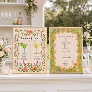 Whimsical Wedding Bar Sign Template Set, A3 Signature Drinks Sign, Wine Menu Sign, Editable Canva Floral Bar Menu