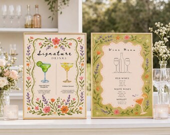 Whimsical Wedding Bar Sign Template Set, A3 Signature Drinks Sign, Wine Menu Sign, Editable Canva Floral Bar Menu