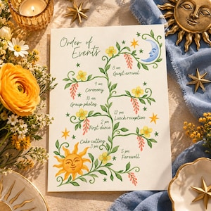 Puede incluir: Una tarjeta blanca titulada Order of Events con una enredadera verde pintada a mano que presenta flores amarillas, hojas rosas, una luna creciente azul y un sol amarillo. El texto enumera: 8 am Guest arrival, 9 am Ceremony, 10 am Group photos, 12 pm Lunch reception, 2 pm First dance, 3 pm Cake cutting y 5 pm Farewell.
