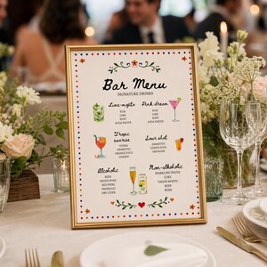 Whimsical floral wedding bar menu sign with colorful folk art border and illustrated drinks, editable Canva template displayed on easel and table settings