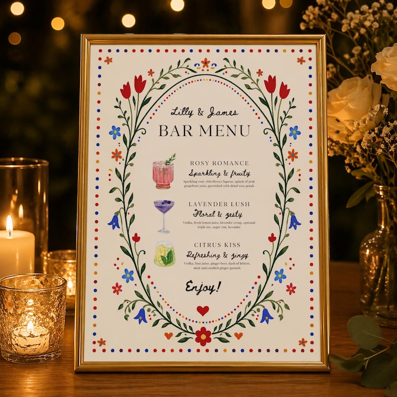 Whimsical floral wedding bar menu sign with colorful folk art border and illustrated drinks, editable Canva template displayed on easel and table settings